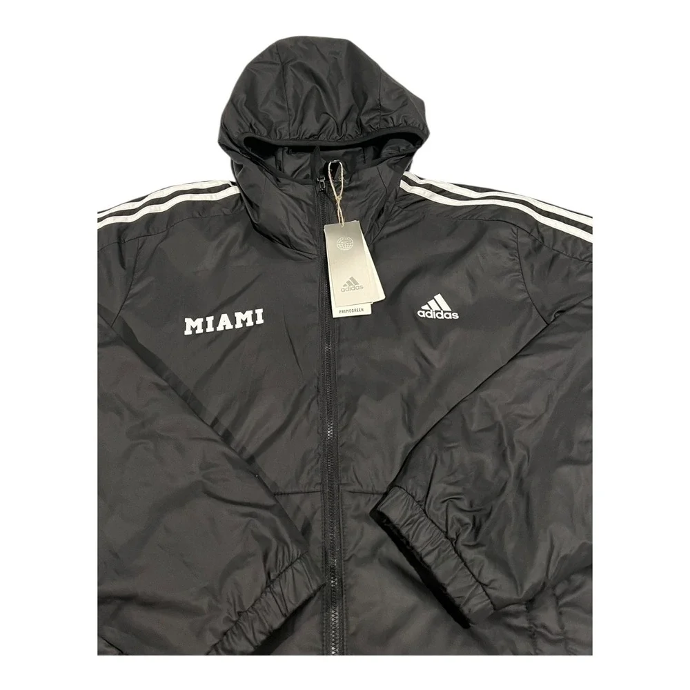 NWT Adidas Miami Men's L Black Full-Zip‎ Hooded Jacket White Stripes Logo